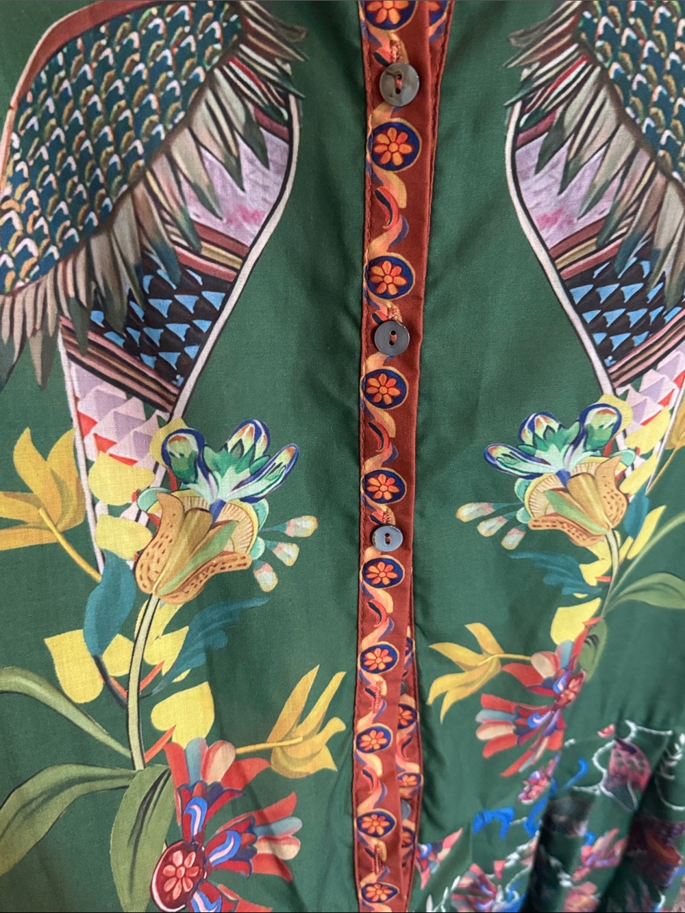NWOT Beulah Green Button-Front Dress Bird Floral Motif SZ M pit2pit 19” 48” - Picture 8 of 10